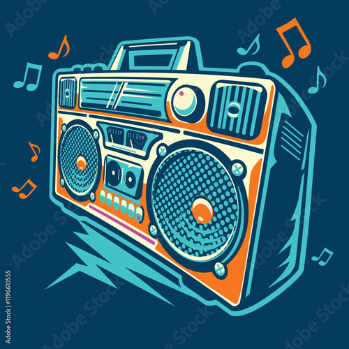Music design - colorful boom box tape recorder and musical notes