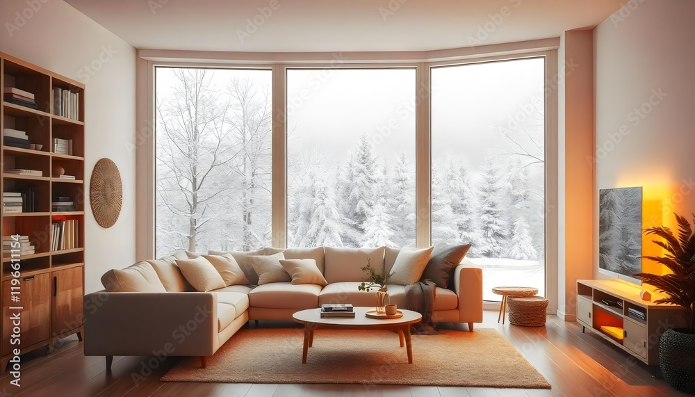 A cozy living room with a large curved window overlooking a snowy winter landscape, featuring a beige sectional sofa, a wooden coffee table, and a warm lighting setup A cozy living room with a large curved window overlooking a snowy winter landscape, featuring a beige sectional sofa, a wooden coffee table, and a warm lighting setup