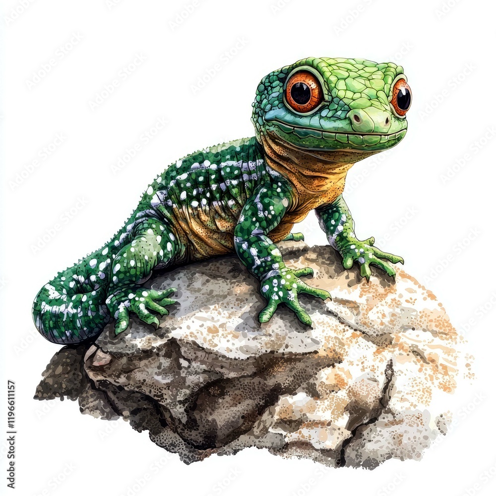 Obraz premium Close-up of a vibrant green gecko perched on a rock, showcasing intricate details and vivid colors in a captivating wildlife illustration.