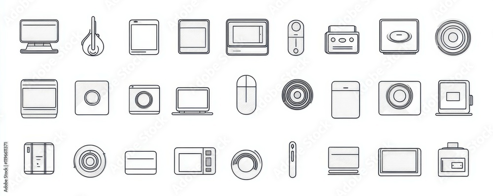 Digital Icons: Modern minimal set of digital technology and home appliance icons, clean and simple lines, monochrome design Digital Icons: Modern minimal set of digital technology and home appliance icons, clean and simple lines, monochrome design