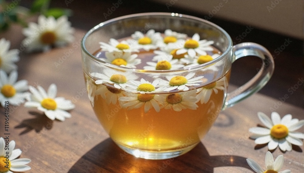 Glass Cup of Chamomile Tea with Floating Flowers in Warm Lighting, Photograph pc, laptop wallpaper Glass Cup of Chamomile Tea with Floating Flowers in Warm Lighting, Photograph pc, laptop wallpaper
