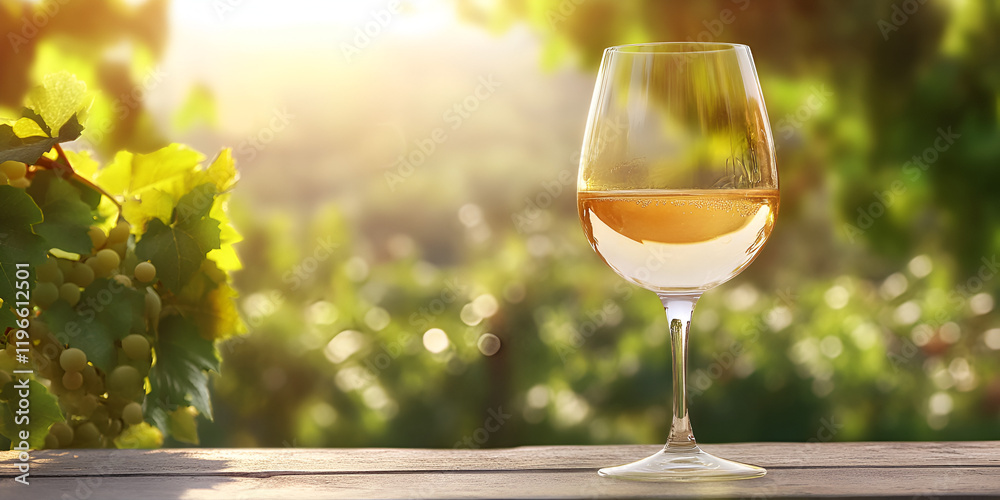 White Wine Glass with Vineyard Background White Wine Glass with Vineyard Background