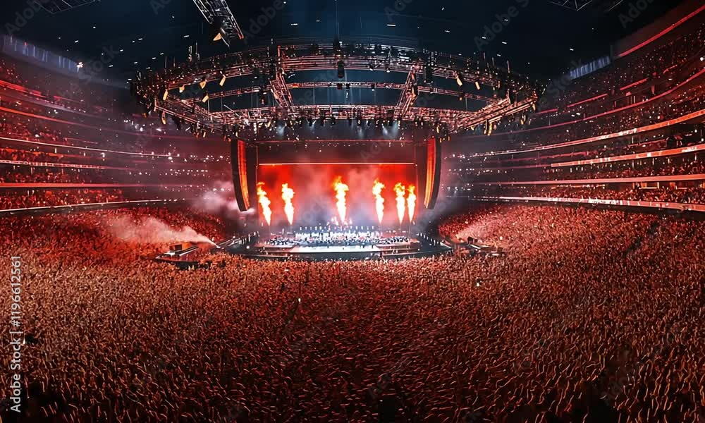 A vibrant concert scene featuring a massive crowd enjoying a live performance with pyrotechnics in a large arena