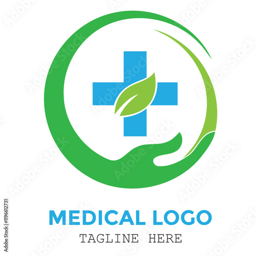 Green medical leaf sign with hands care professional logo design
