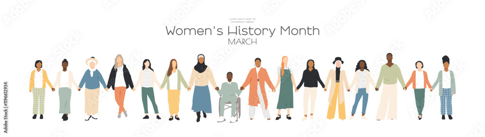Fototapeta premium Women's History Month banner. Women of different ethnicities standing together and holding hands.