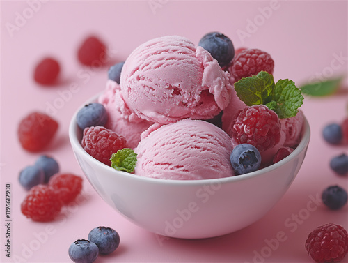 Food photo: colored ice cream with berries in a bowl.