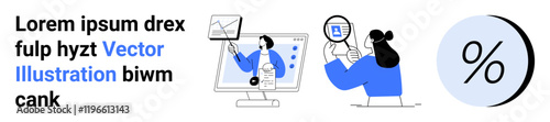 Two professionals analyze data on computer and smartphone, laptop with charts, magnifying glass and , ideal for business, technology, finance, marketing, education, research, presentations. Landing