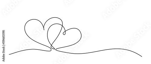 A minimalist vector illustration of two hearts in a continuous one-line style, perfect for Valentine's Day, symbolizing love and togetherness through elegant contour art. Editable stroke