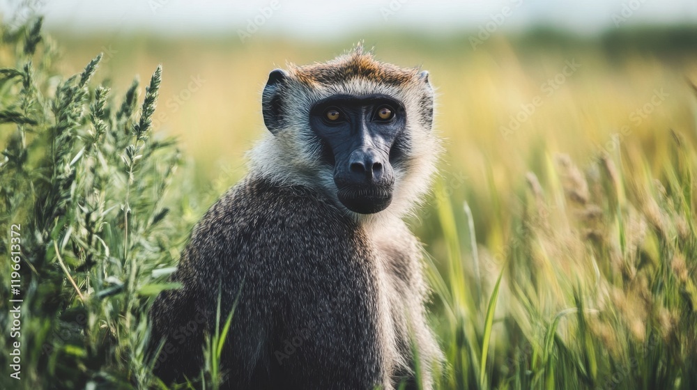 Obraz premium A baboon stares intently from the tall grass.