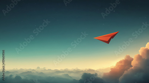 Minimalist red paper plane flying above clouds, conceptual paper airplane soaring in sunset sky, business vision and leadership metaphor