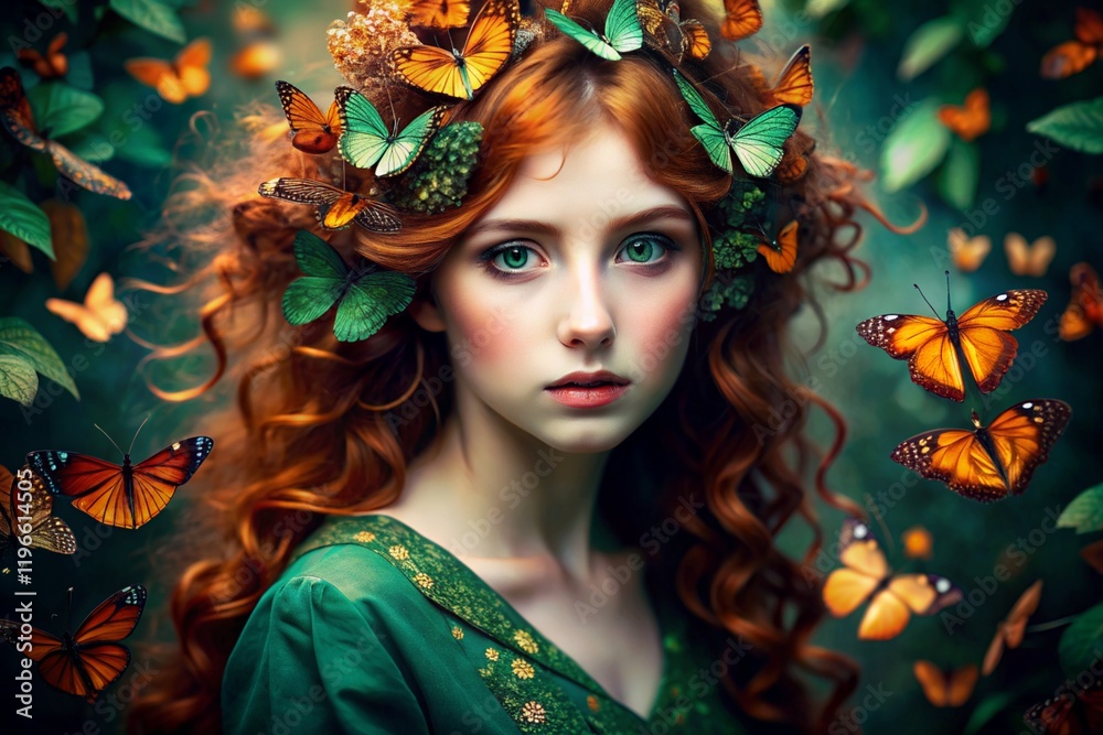 Portrait of a beautiful red-haired girl in a green dress with butterflies fluttering around her head and hair. Portrait of a beautiful red-haired girl in a green dress with butterflies fluttering around her head and hair.