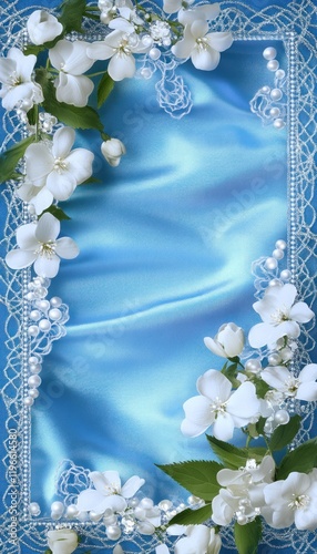 Spring blossoms frame blue silk; wedding invitation background