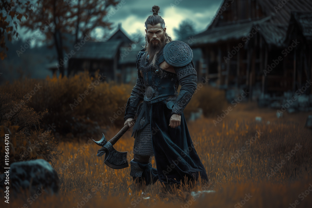 Fototapeta premium Medieval man, Viking warrior standing with axe in hands on ancient village background.