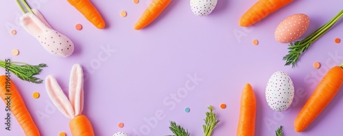 Easter concept. Top view photo of carrots easter bunny ears and textile easter eggs on isolated pastel purple background with copyspace