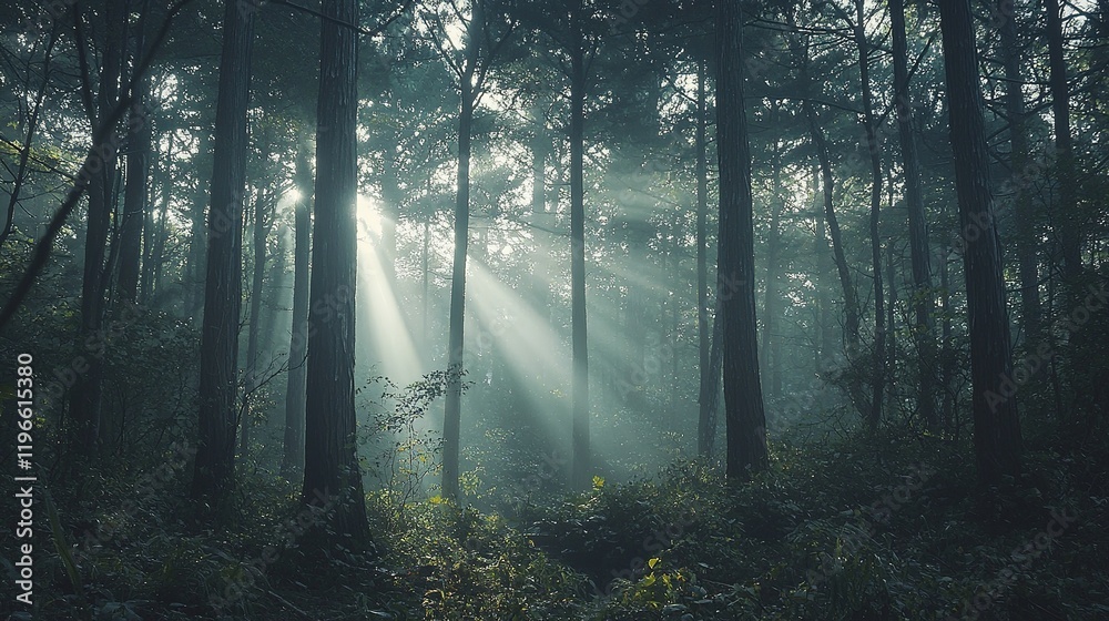 Obraz premium Sunbeams in Misty Forest