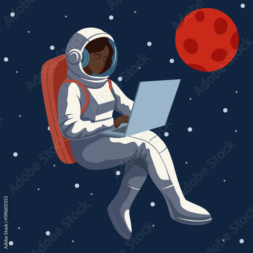 African woman astronaut with laptop on stars and red planet background. Vector illustration of Black space woman in space. Freelance work. Flat illustration for banners