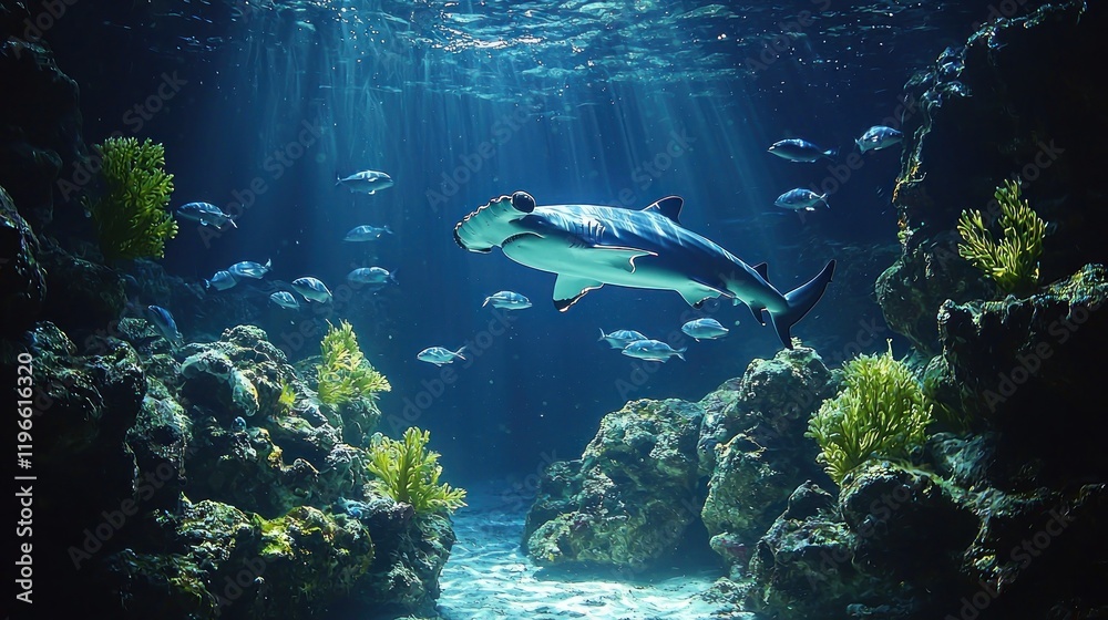 Fototapeta premium Hammerhead Shark Aquarium Sunlight Reef Ocean.
