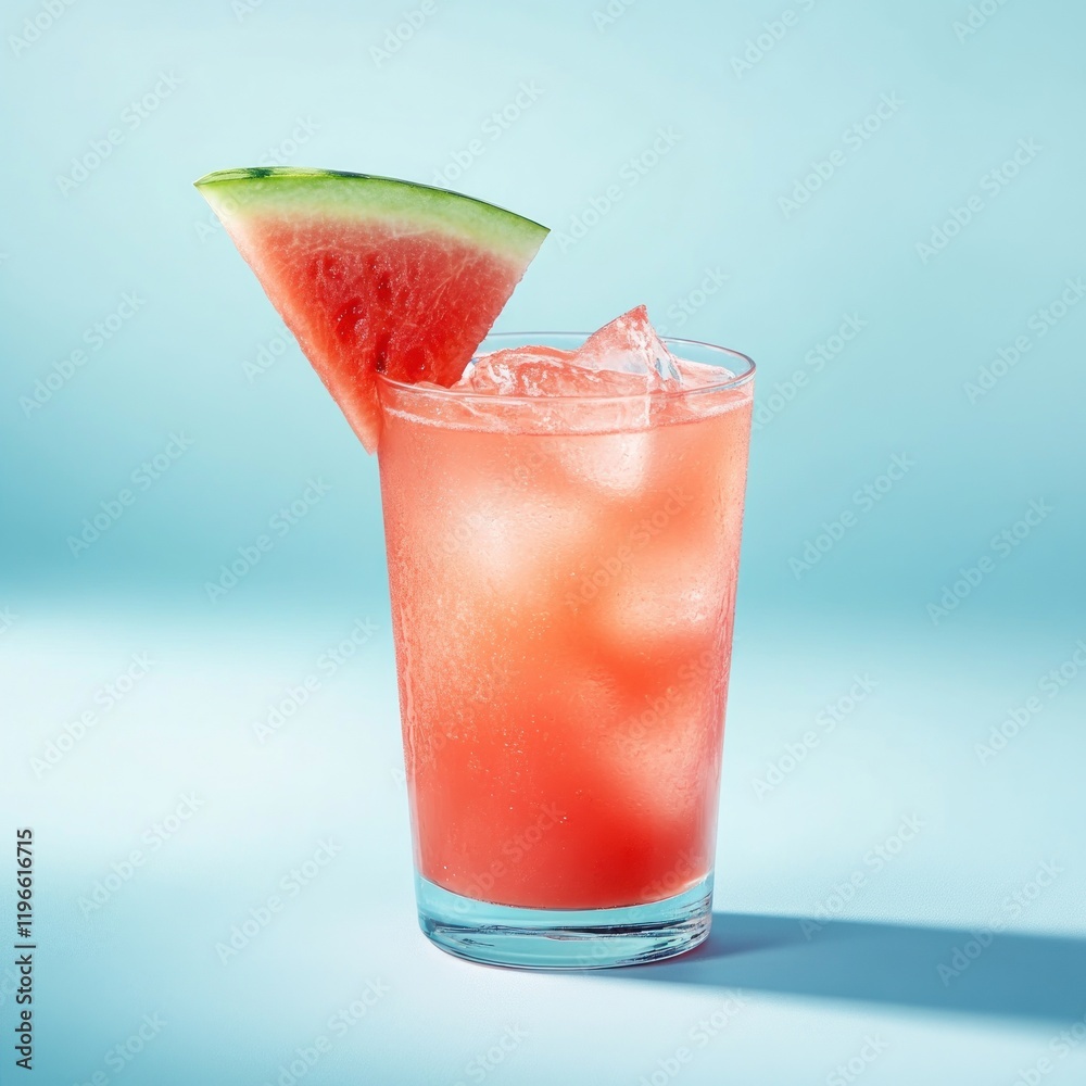 Refreshing watermelon drink with ice in a glass, garnished with a watermelon wedge. Refreshing watermelon drink with ice in a glass, garnished with a watermelon wedge.