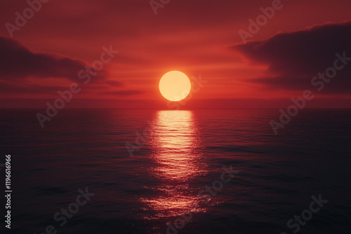 Hyper-realistic red sunset over the sea with a large glowing sun centered in the frame, casting warm orange and red hues across the sky and water, creating a cinematic and serene atmosphere photo