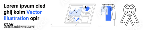 Laptop screen showing charts and graphs, clothing rack with tags, and an award ribbon. Ideal for e-commerce, retail analytics, data visualization, business success, product quality, online shopping