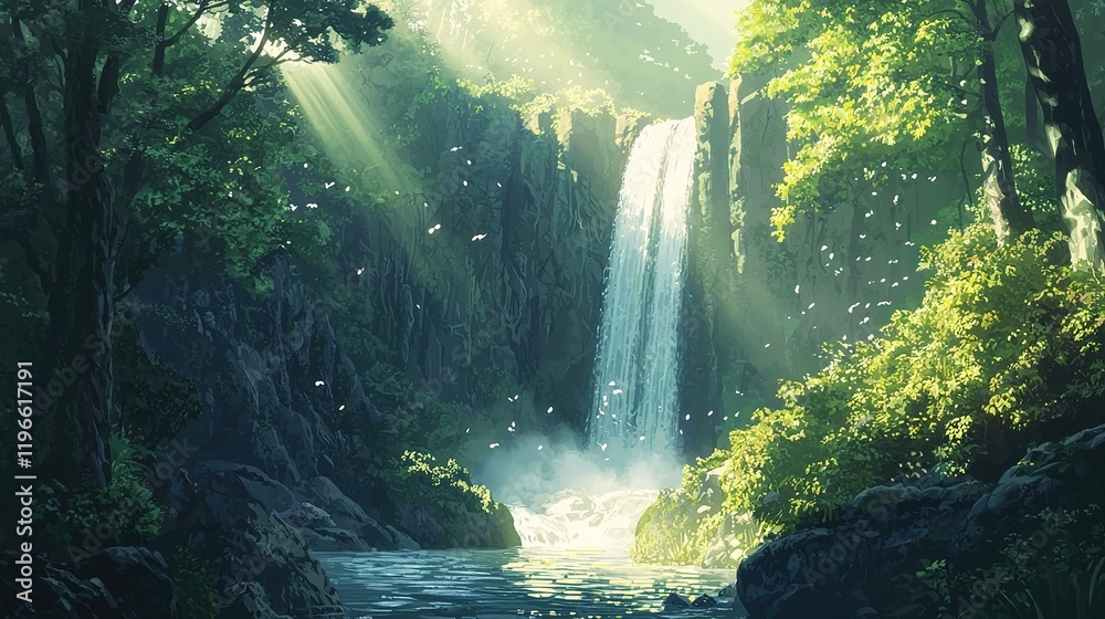 Sunlit Waterfall in Lush Forest Sunlit Waterfall in Lush Forest