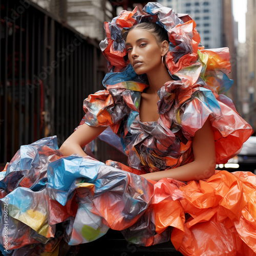 A fashion-forward model lounging on a city bench covered in graffiti, wearing a sculptural bubble wrap dress photo