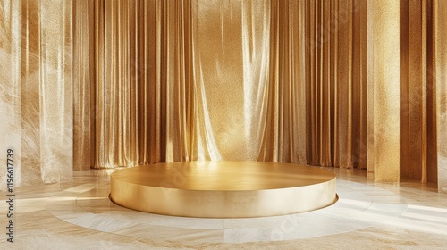 Golddipped podium surrounded by dynamic suspended shapes, ultraluxury textures, modern sophistication photo