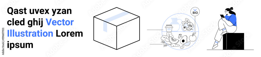 Abstract layout featuring a 3D cube, technology bubble with various gadgets, and a woman sitting while using a smartphone. Ideal for technology, minimalism, modern art, digital communication, social Abstract layout featuring a 3D cube, technology bubble with various gadgets, and a woman sitting while using a smartphone. Ideal for technology, minimalism, modern art, digital communication, social