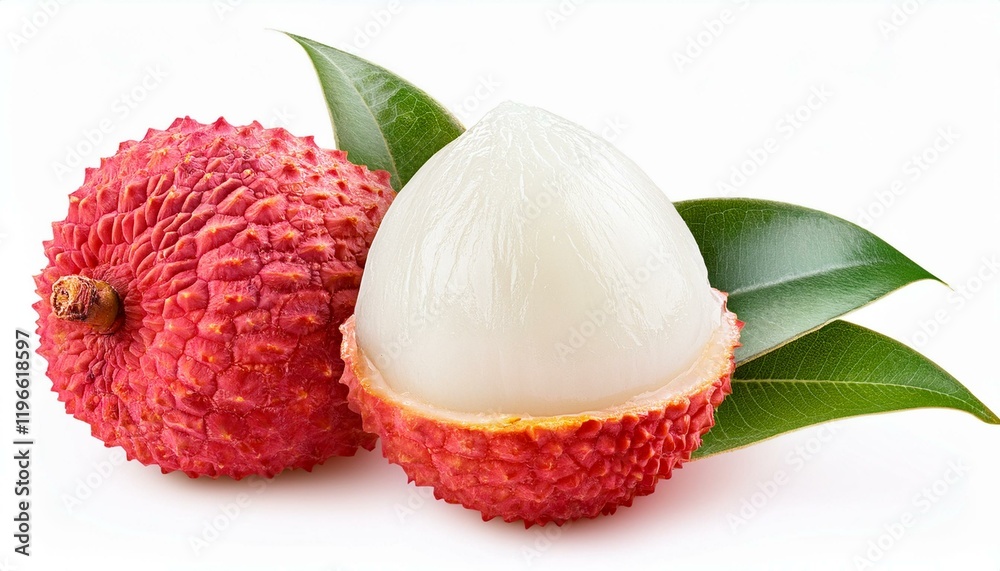Fresh lychee with cut in half slice isolated on white background. juicy Fresh lychee with cut in half slice isolated on white background. juicy