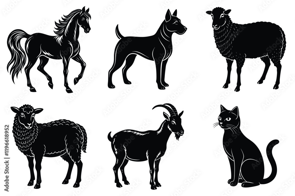 Fototapeta premium Animals silhouette set. Domestic animal silhouettes cat, cow, dog, horse, goat, sheep vector illustration
