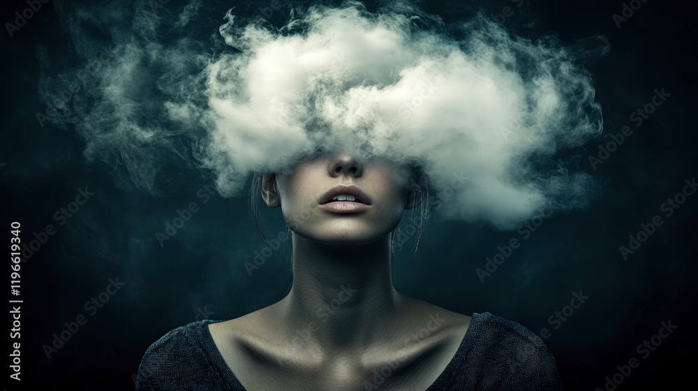 An intriguing portrait featuring a woman with a cloud of smoke obscuring her eyes, reflecting themes of mystery, emotions, and the complexity of human thoughts. An intriguing portrait featuring a woman with a cloud of smoke obscuring her eyes, reflecting themes of mystery, emotions, and the complexity of human thoughts.
