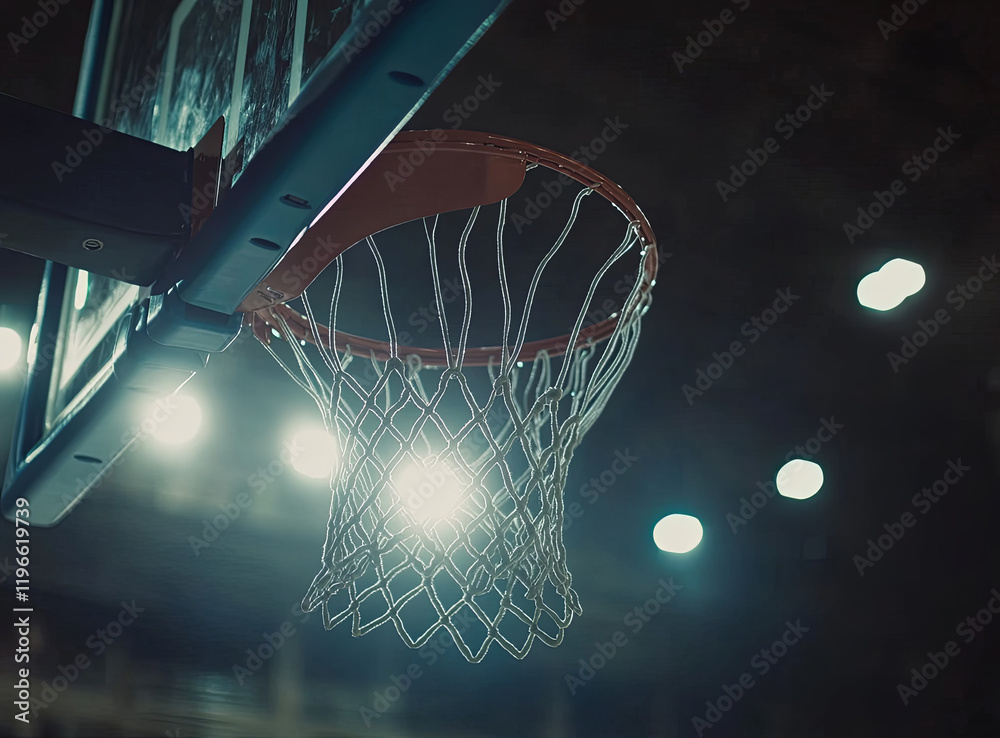 Close-up of a basketball going through the net in an indoor arena, Close-up of a basketball going through the net in an indoor arena,