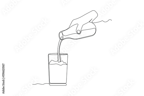 Hand pouring milk from bottle into a glass continuous line drawing. Vector illustration.