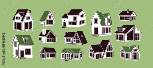 House buildings set. Home facades, modern architecture. Residential living construction exteriors. Real estate, property with gabled roofs, attic, large windows. Isolated flat vector illustrations