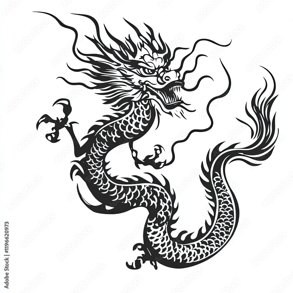 Chinese dragon, simple vector style, black and white color scheme, simple lines, plain background, full-body portrait, Chinese dragon, simple vector style, black and white color scheme, simple lines, plain background, full-body portrait,