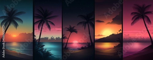 Five scenic tropical sunset beach scenes with palm trees.