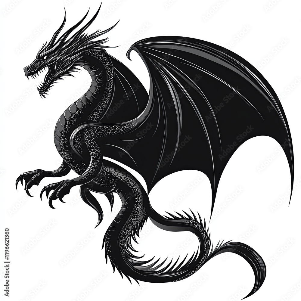 Fototapeta premium Black dragon, simple lines, vector illustration style, white background, solid color blocks, minimalism, symmetrical composition, black and gray tones,