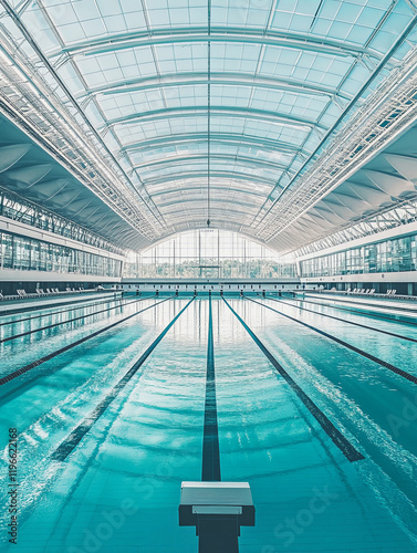 An indoor Olympic-sized swimming pool with a roof and a blue-colored floor, on a sunny day. Swimming starting blocks are positioned in front of one side of the pool. The view is long, 