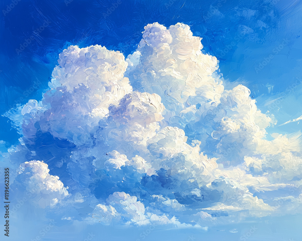 Naklejka premium voluminous white cumulus clouds tower over a serene blue sky in a vividly painted oil masterpiece