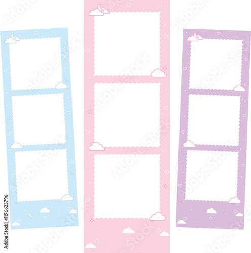 Pastel soft colored photo frame templates with hearts and cloud sky for Photo Booth props, social media post and scrapbook decoration