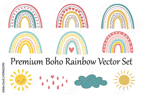 Premium Boho Rainbow Vector Set white background.
