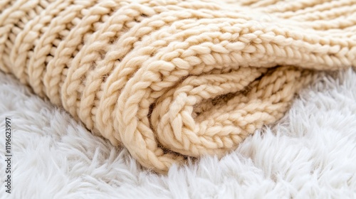Cozy Warm Knitted Beige Blanket on Soft White Fur Surface