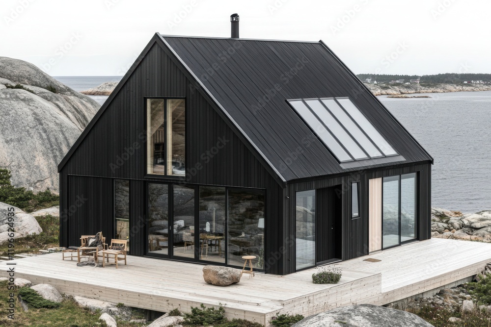 Obraz premium Black House with Ocean View and Minimalist Design