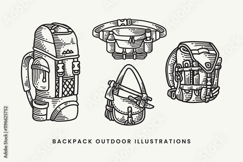 outdoor backpack, carrier bag, waist bag, sling bag, survival tool, axes hatching engraving illustration vector element designs collection set for adventure, camping, explorer, mountaineering