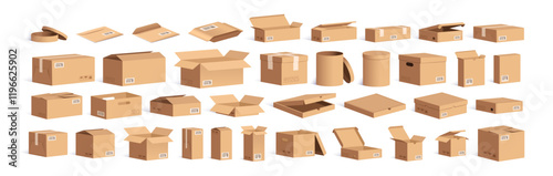 Delivery carton boxes set. Open and closed cardboard packages for storage, shipment. Isometric empty blank packs for cargo, food, gift. Realistic flat vector illustration isolated on white background