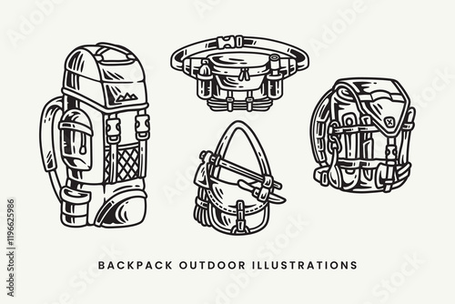 outdoor backpack, carrier bag, waist bag, sling bag, survival tool, axes vintage outline illustration vector element designs collection set for adventure, camping, explorer, mountaineering