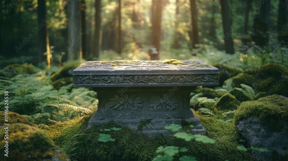 Ancient Stone Altar in Mystical Forest with Sunlight Filtering Through Trees and Moss-Covered Surroundings