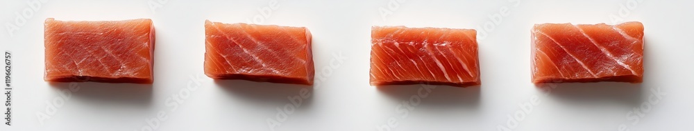 Four raw salmon cubes on white background. Four raw salmon cubes on white background.