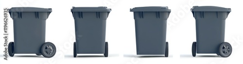 Four views of a gray wheeled garbage can. (1)