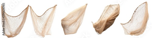 Five beige fishing nets in various poses, isolated on white background.